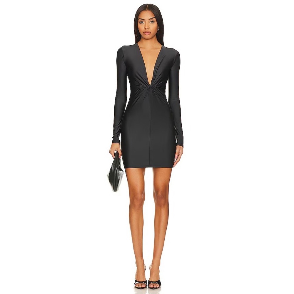 Good American Black Twist Front Deep V Neck Long Sleeve Mini Dress Size 3XL NWT